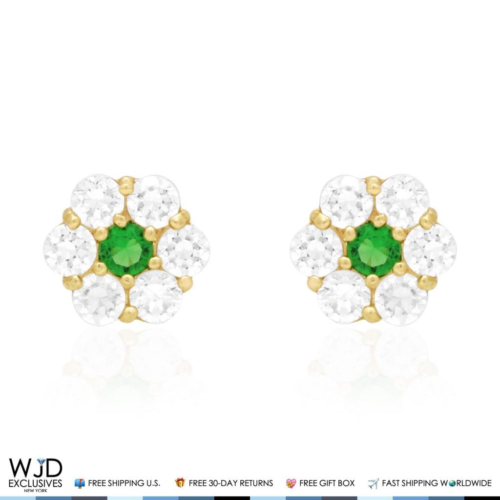 14k Gold CZ And Emerald Flower Cluster Screwback Stud Earrings