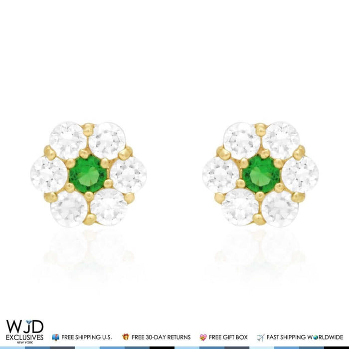 14k Gold CZ And Emerald Flower Cluster Screw Back Stud Earrings