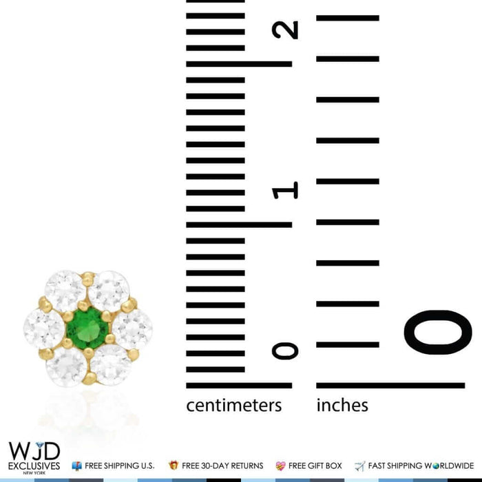 14k Gold CZ And Emerald Flower Cluster Screw Back Stud Earrings