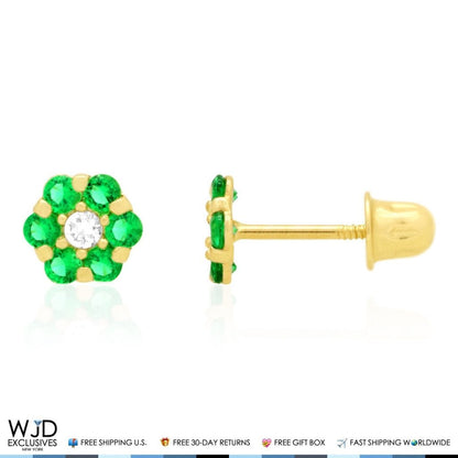 14K Real Gold Yellow Simulated Birthstones Flower Screw Back Stud Earrings 5mm