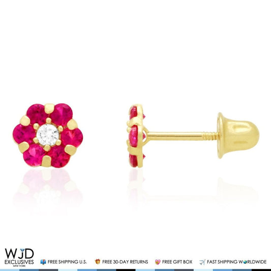 14K Real Gold Yellow Simulated Birthstones Flower Screw Back Stud Earrings 5mm