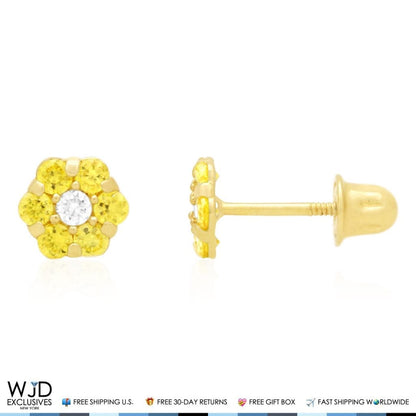 14K Real Gold Yellow Simulated Birthstones Flower Screw Back Stud Earrings 5mm