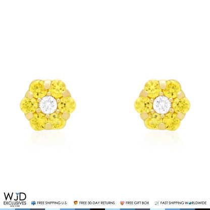 14K Real Gold Yellow Simulated Birthstones Flower Screw Back Stud Earrings 5mm