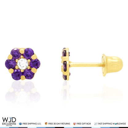 14K Real Gold Yellow Simulated Birthstones Flower Screw Back Stud Earrings 5mm