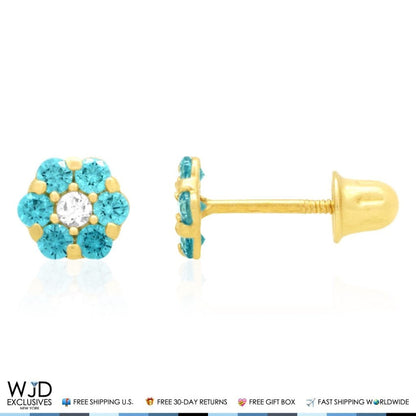 14K Real Gold Yellow Simulated Birthstones Flower Screw Back Stud Earrings 5mm