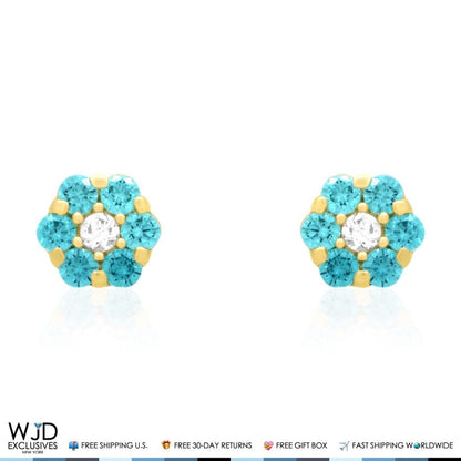 14K Real Gold Yellow Simulated Birthstones Flower Screw Back Stud Earrings 5mm