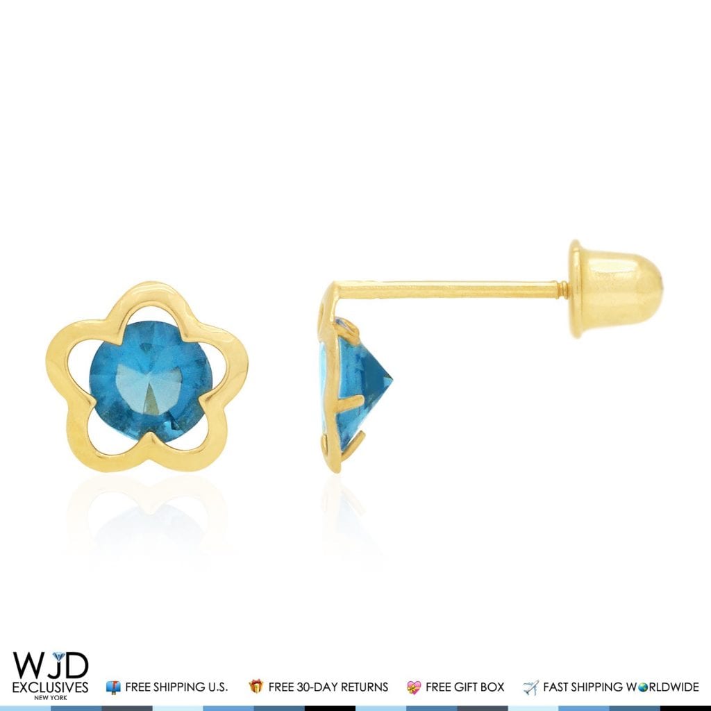 14k Yellow Gold Solitaire Simulated Birthstone Flower Screw Back Stud Earrings
