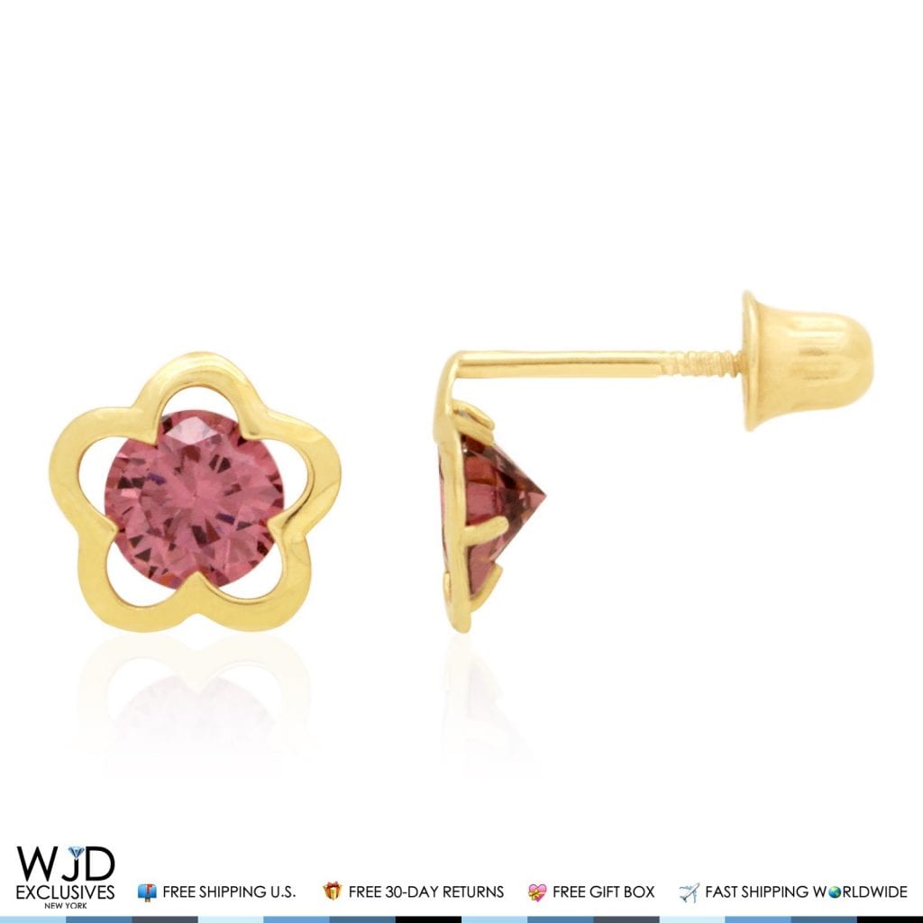 14k Yellow Gold Solitaire Simulated Birthstone Flower Screw Back Stud Earrings