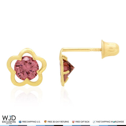 14k Yellow Gold Solitaire Simulated Birthstone Flower Screw Back Stud Earrings