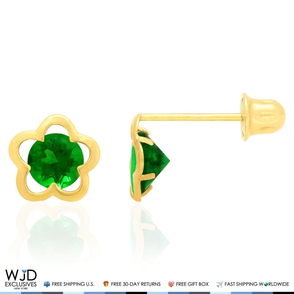 14k Yellow Gold Solitaire Simulated Birthstone Flower Screw Back Stud Earrings