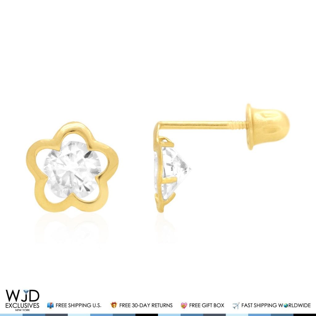 14k Yellow Gold Solitaire Simulated Birthstone Flower Screw Back Stud Earrings