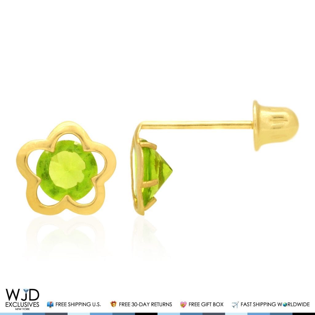 14k Yellow Gold Solitaire Simulated Birthstone Flower Screw Back Stud Earrings