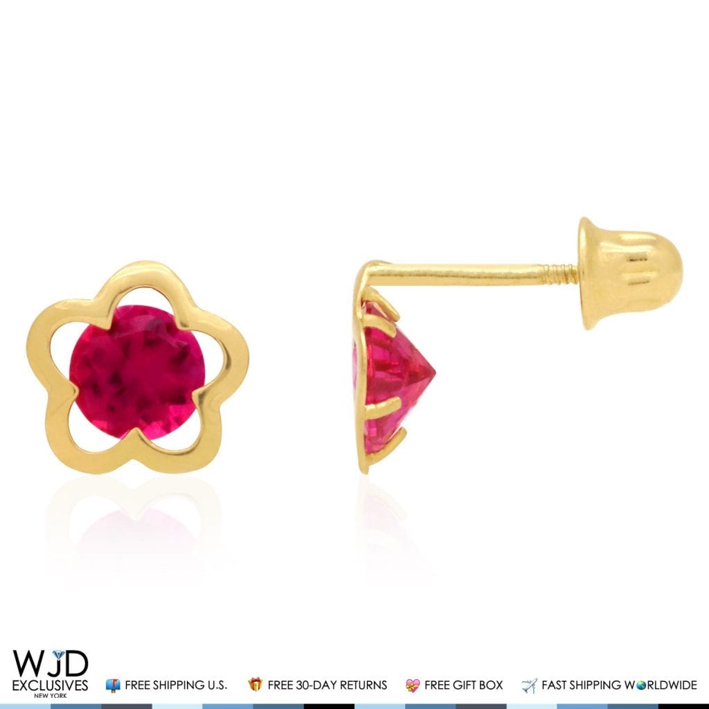 14k Yellow Gold Solitaire Simulated Birthstone Flower Screw Back Stud Earrings