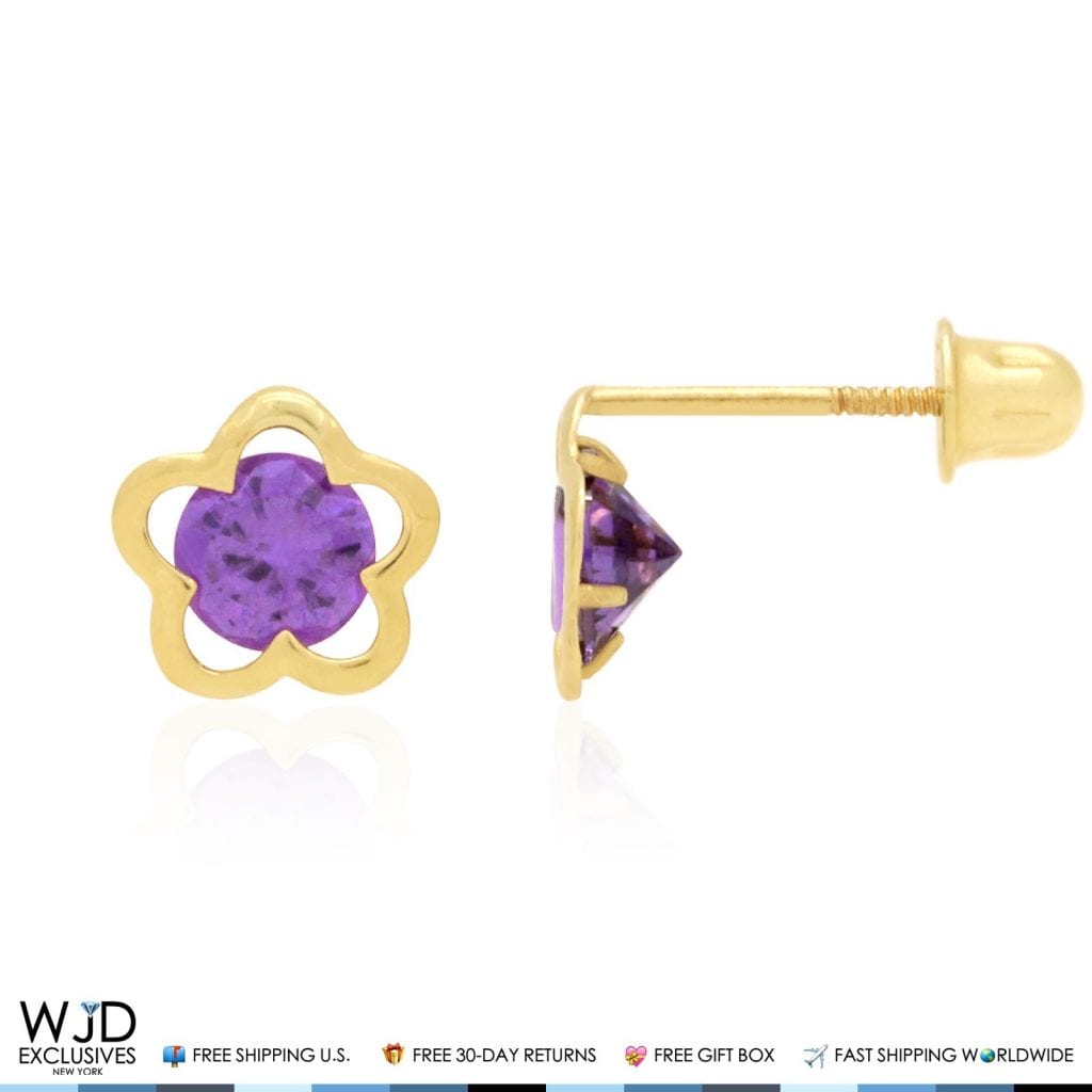 14k Yellow Gold Solitaire Simulated Birthstone Flower Screw Back Stud Earrings