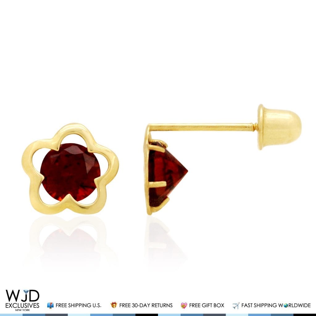14k Yellow Gold Solitaire Simulated Birthstone Flower Screw Back Stud Earrings