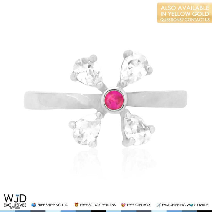 14K Yellow Gold White Prong Pear Simulated White Diamond Ruby Toe Ring