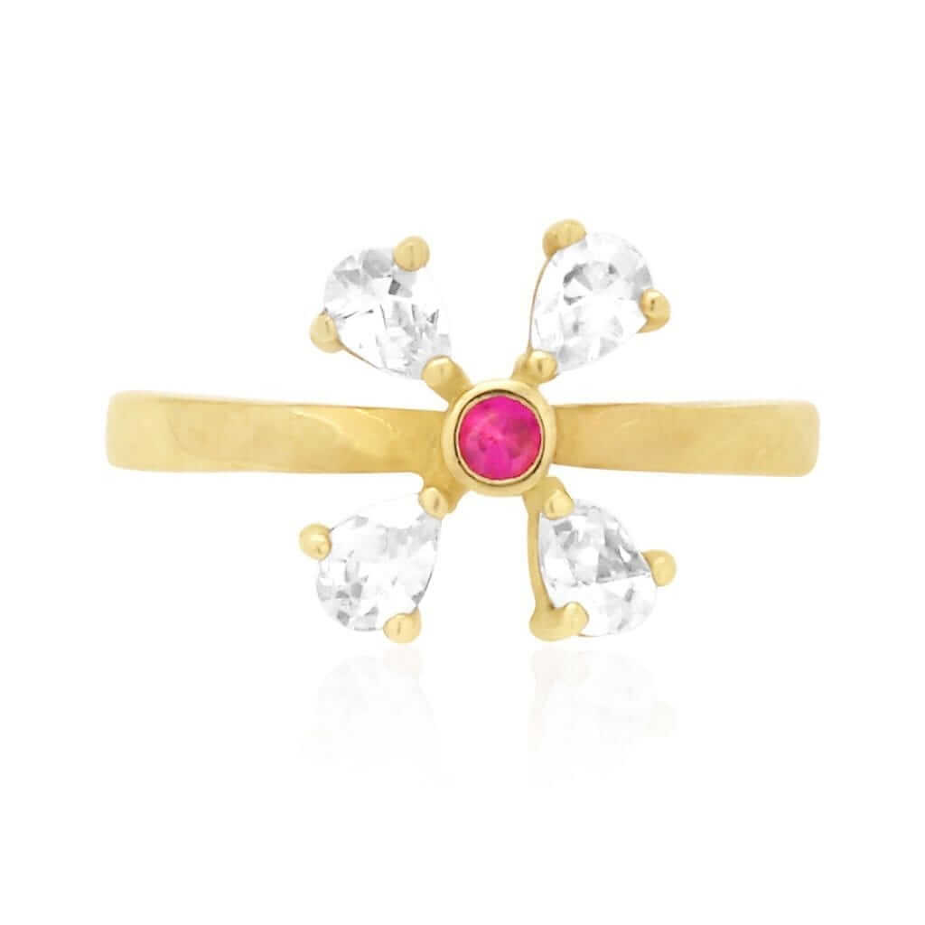 14K Yellow Gold White Prong Pear Simulated White Diamond Ruby Toe Ring