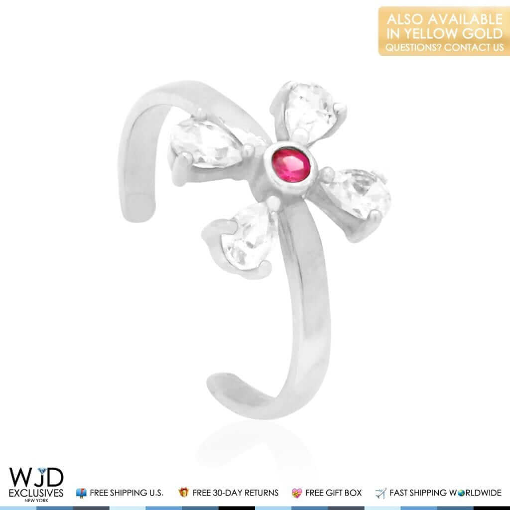 14K Yellow Gold White Prong Pear Simulated White Diamond Ruby Toe Ring