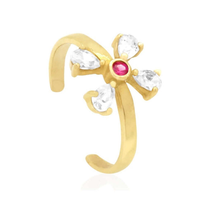 14K Yellow Gold White Prong Pear Simulated White Diamond Ruby Toe Ring