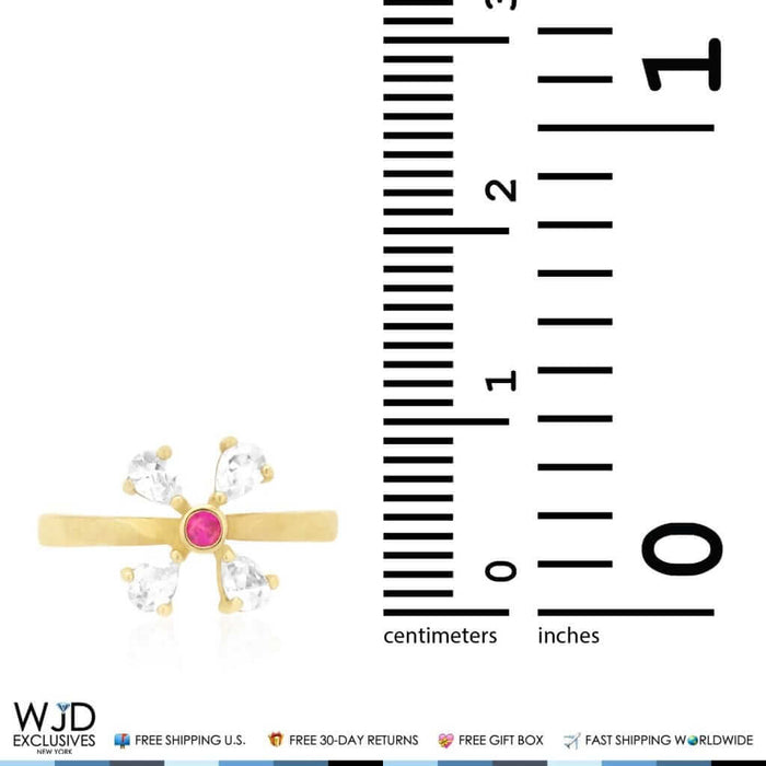 14K Yellow Gold White Prong Pear Simulated White Diamond Ruby Toe Ring