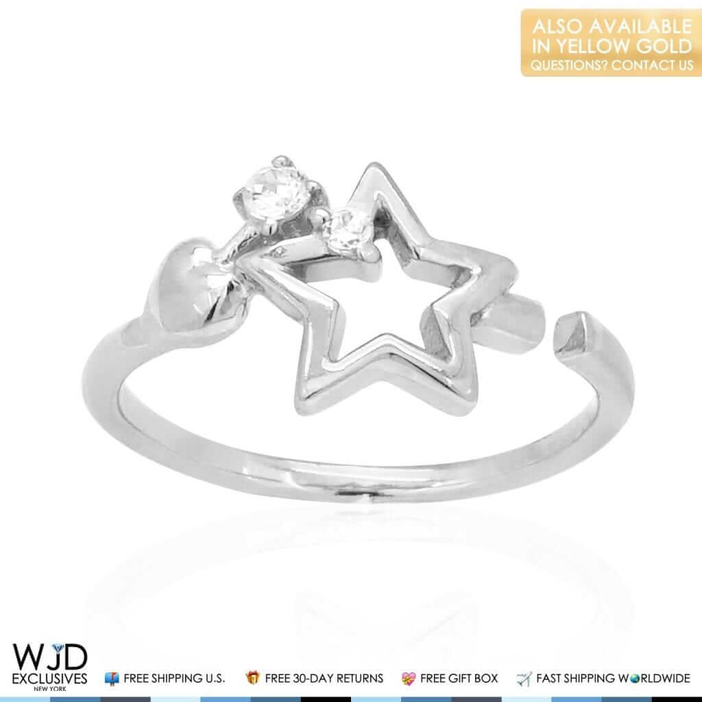 14K Yellow Gold White CZ Star Heart Midi Knuckle Ring 0.10Ct