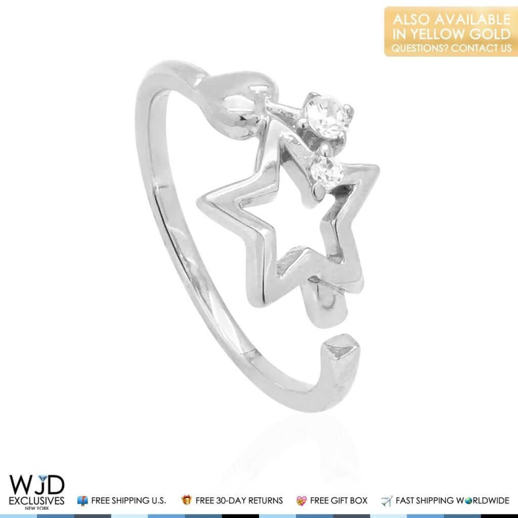 14K Yellow Gold White CZ Star Heart Midi Knuckle Ring 0.10Ct