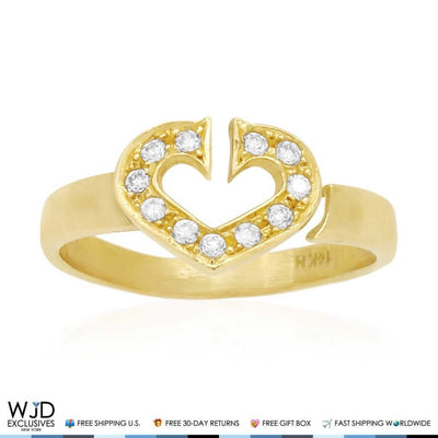 14K Yellow Gold White Pave CZ Open Heart Midi Knuckle Ring 0.25Ct