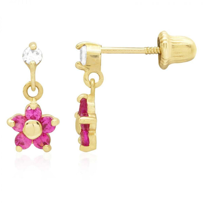 Kids 14K Yellow White Gold Ruby Flower Screw Back Earrings