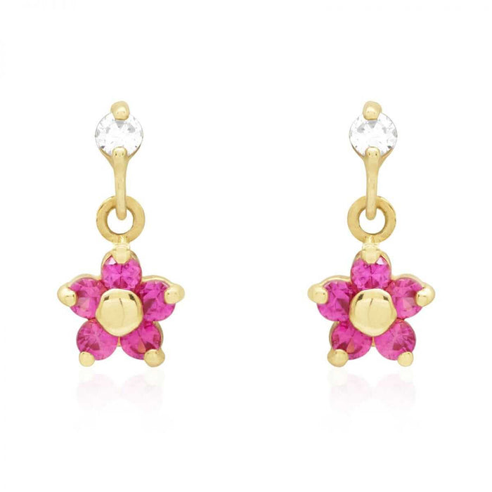 Kids 14K Yellow White Gold Ruby Flower Screw Back Earrings