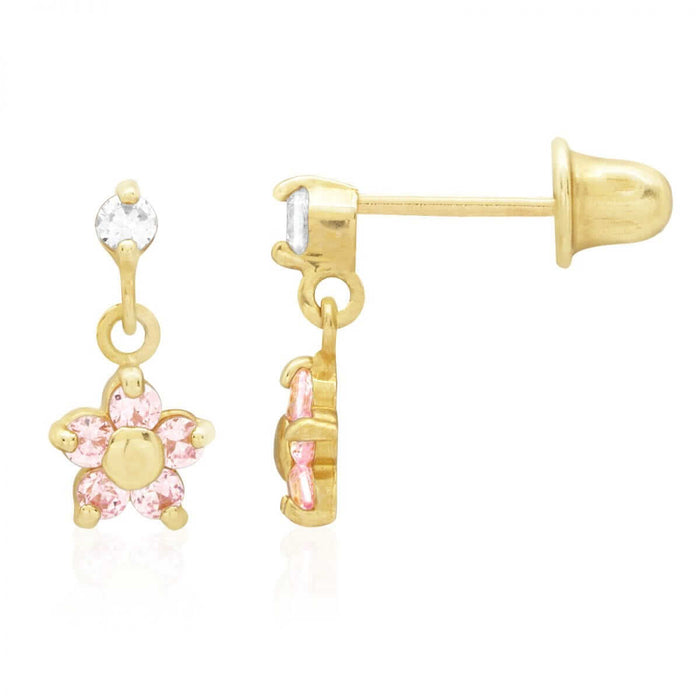 Kids 14K Yellow White Gold Pink Tourmaline Flower Dangle Earrings