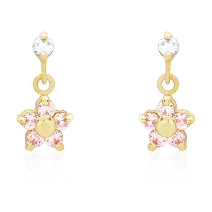 Kids 14K Yellow White Gold Pink Tourmaline Flower Dangle Earrings