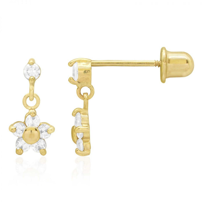 Kids 14K Yellow White Gold Zircon Flower Dangle Screw Back Earrings