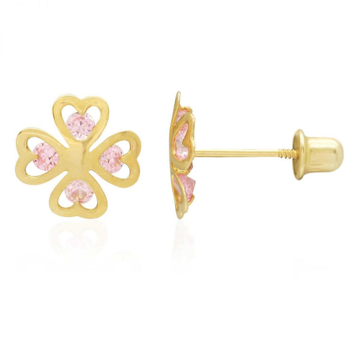 14k Yellow Gold Simulated Pink Tourmaline Lucky Clover Screw Back Stud Earrings