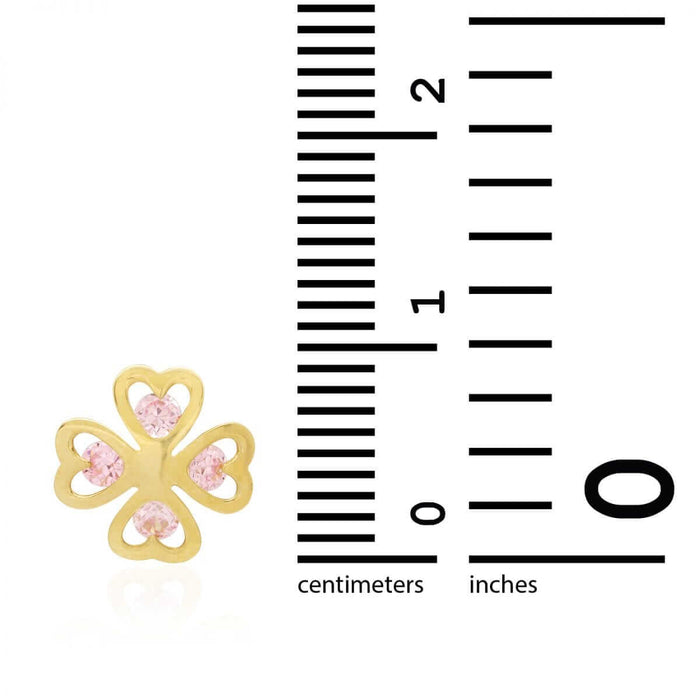 14k Yellow Gold Simulated Pink Tourmaline Lucky Clover Screw Back Stud Earrings