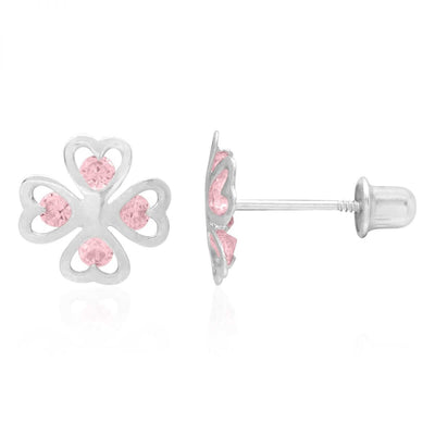 14k White Gold Lucky Charm Pink Tourmaline Clover Baby Screw Back Stud Earrings