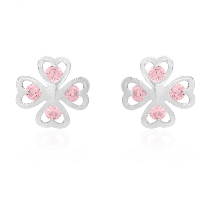 14k White Gold Lucky Charm Pink Tourmaline Clover Baby Screw Back Stud Earrings