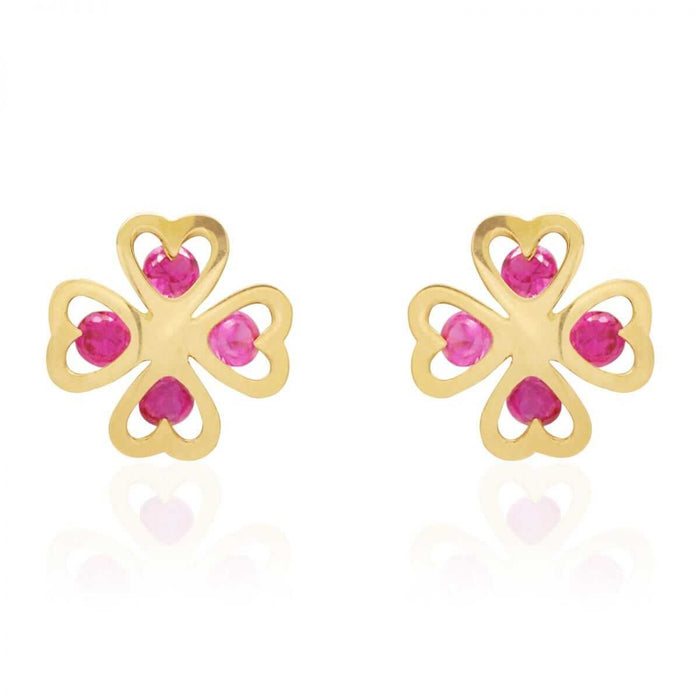Round Ruby Four Leaf Clover 14k Yellow Gold Lucky Charm Screw Back Stud Earrings