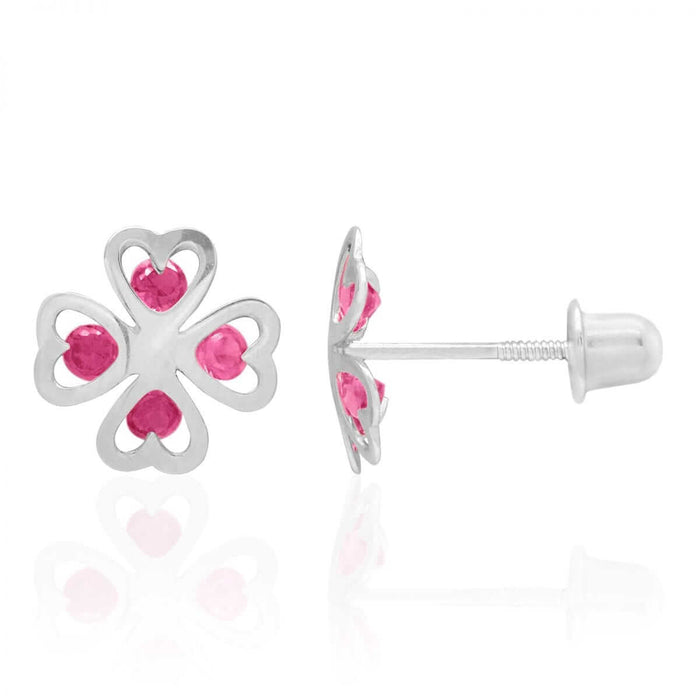 Ruby Four Leaf Clover Lucky Charm Baby Screw Back Stud Earrings 14k White Gold