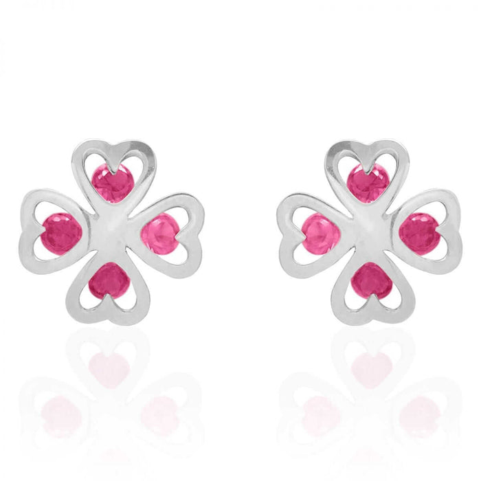 Ruby Four Leaf Clover Lucky Charm Baby Screw Back Stud Earrings 14k White Gold