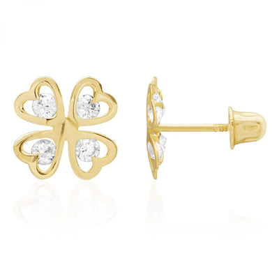 14k Yellow Gold Lucky Charm Round White Zircon Clover Screw Back Stud Earrings