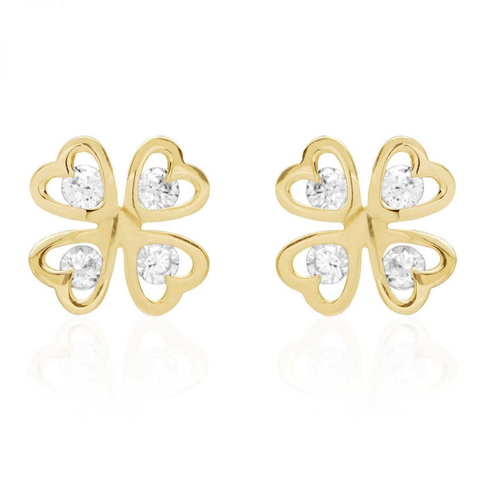 14k Yellow Gold Lucky Charm Round White Zircon Clover Screw Back Stud Earrings