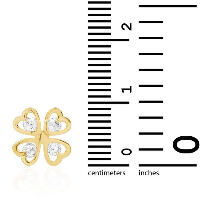 14k Yellow Gold Lucky Charm Round White Zircon Clover Screw Back Stud Earrings