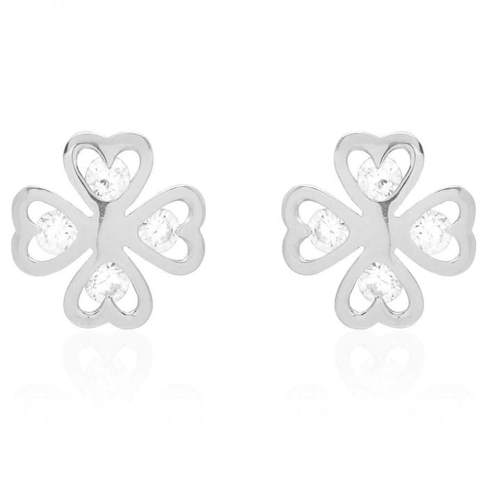 Round-Cut White Zircon Clover Lucky Charm Screw Back Stud Earrings 14k White Gold