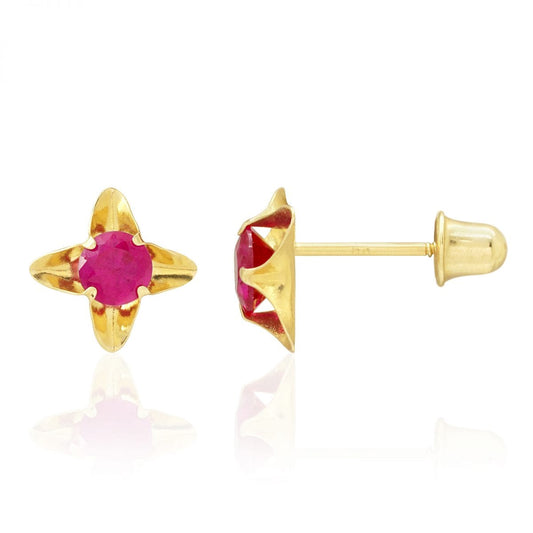 Round Cut Ruby Birthstone Flower Screwback Stud Kid Earrings 14k Yellow Gold 7mm