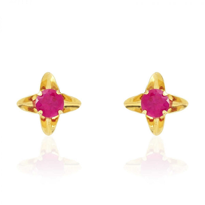 Round-Cut Ruby Birthstone Flower Screw Back Stud Kid Earrings 14k Yellow Gold 7mm