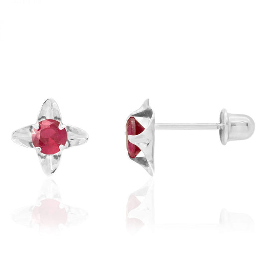 14K Real Gold Round-Cut Ruby Birthstone Flower Baby Screwback Stud Earrings 7mm