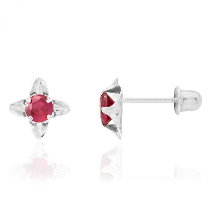 14K Gold Round-Cut Ruby Birthstone Flower Baby Screw Back Stud Earrings 7mm
