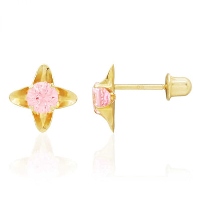 Pink Tourmaline Flower Stud Kid Earrings 14k Yellow Gold Screw-Back
