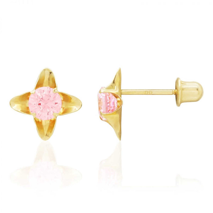 Pink Tourmaline Flower Stud Kid Earrings 14k Yellow Gold Screw-Back