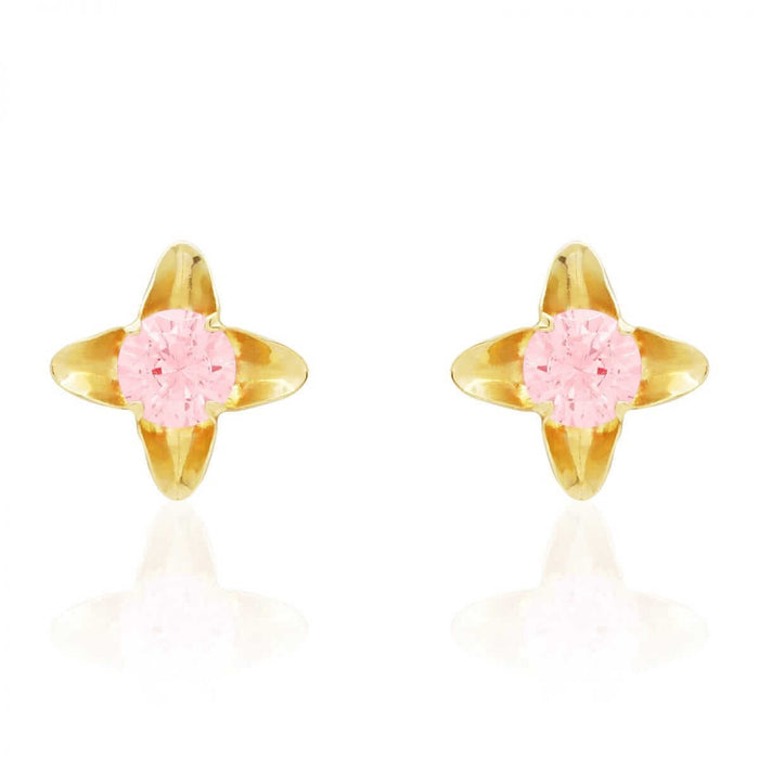 Pink Tourmaline Flower Stud Kid Earrings 14k Yellow Gold Screw-Back